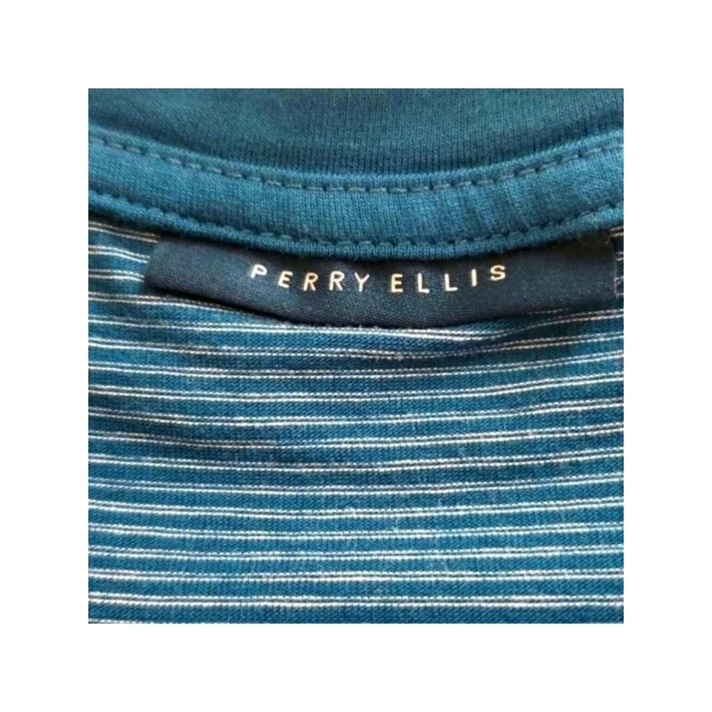 Perry Ellis Striped T-Shirt Casual Short Sleeve Blue Tee Top Men's